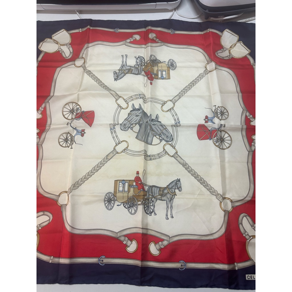 Women's Celine White Red Horse Print Silk Scarf One Size